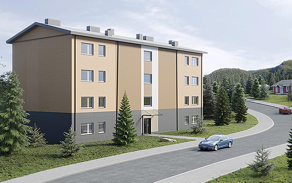 Smalt beigefärgat fyrvåningshus vid gata - arkitektskiss